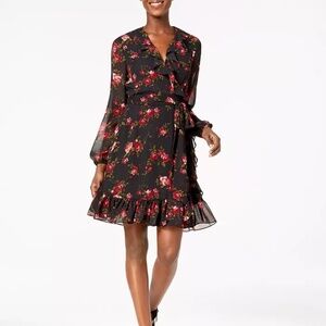 Nine West black multi color ruffled floral Wrap dress Sz 12 Fall Cottage core